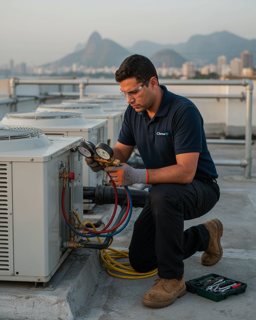 Técnico medindo pressões da condensadora com manifold no telhado
