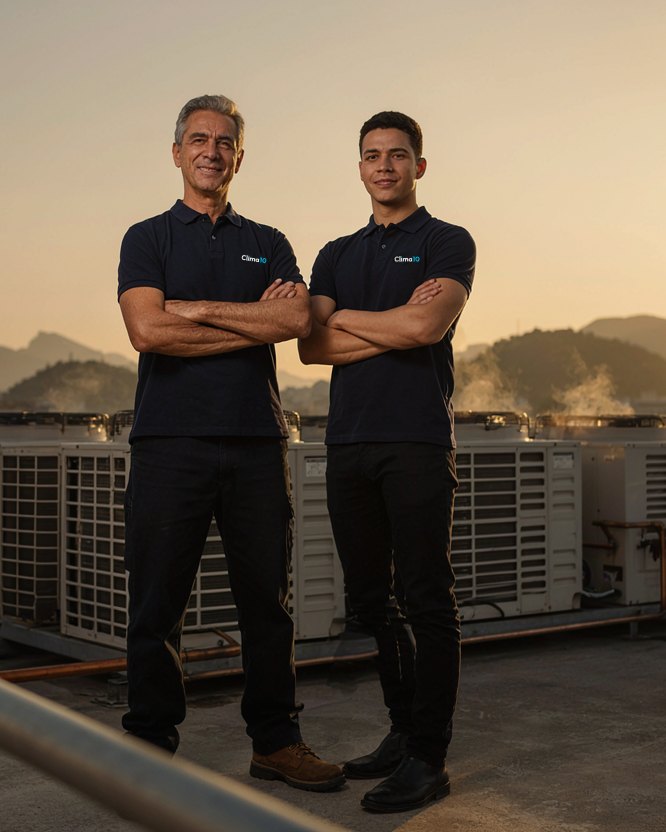 Equipe da Clima10, pai e filho, no telhado de um prédio comercial no Rio