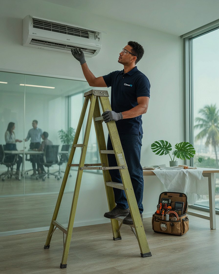 Técnico da Clima10 com EPI fazendo manutenção de um split em escritório