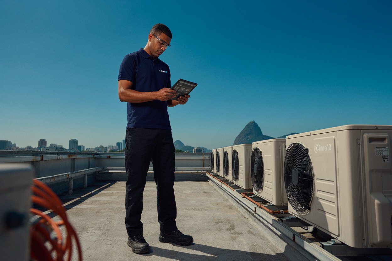 Técnico inspecionando condensadoras VRF em cobertura no Rio, com o Pão de Açúcar ao fundo