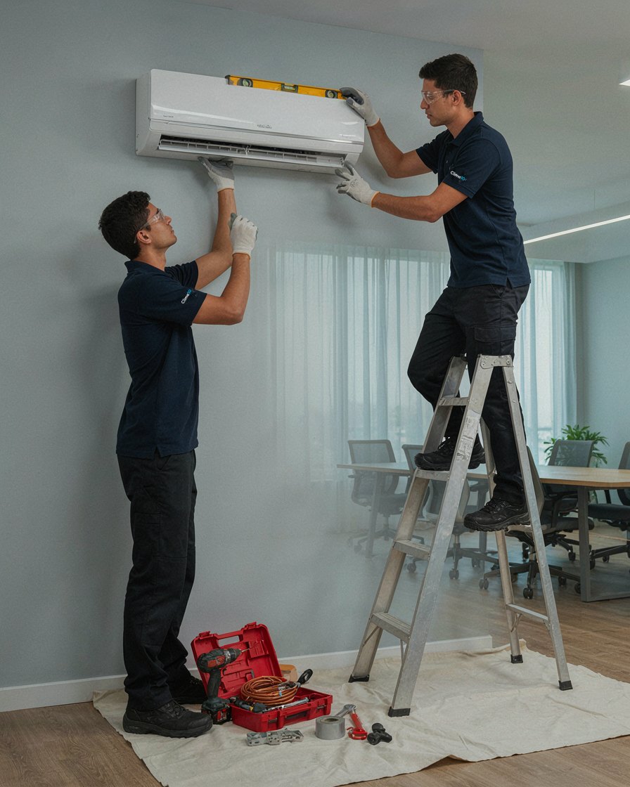 Dupla da Clima10 instalando split com nível e lona de proteção