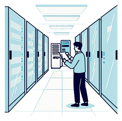 Ilustração de técnico conferindo racks em um data center