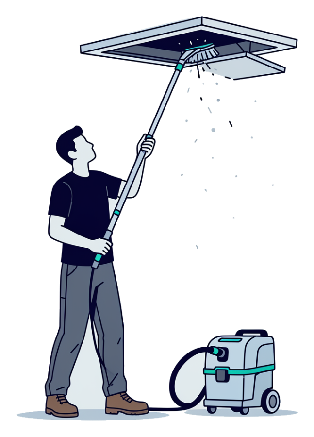 Ilustração de técnico limpando um duto de ar com escova e aspirador