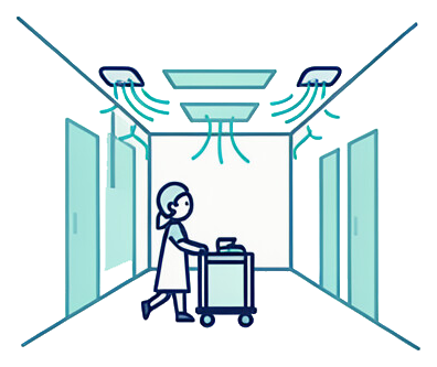 Ilustração de corredor de hospital com difusores de ar