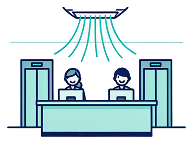 Ilustração da recepção de um prédio comercial com ar condicionado cassete